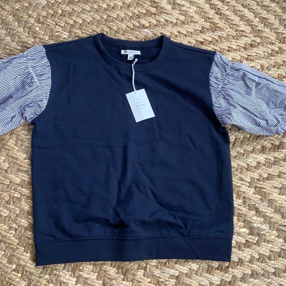 Free assembly navy crewneck w blouse pinstripe sleeve .